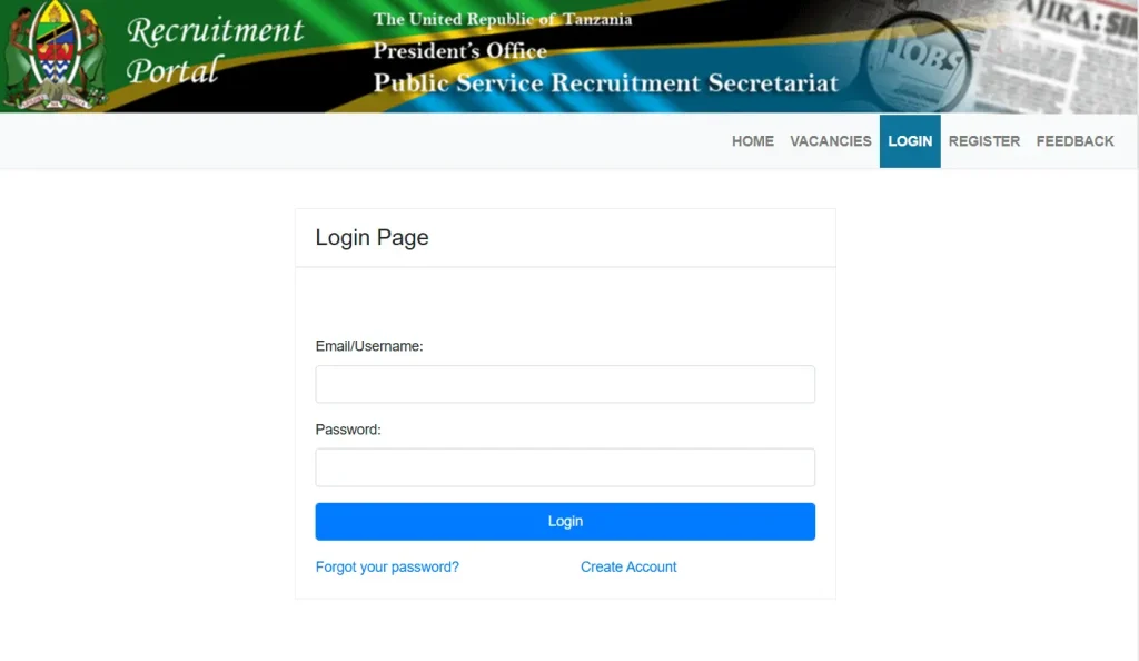 Ajira Portal login page in Tanzania
