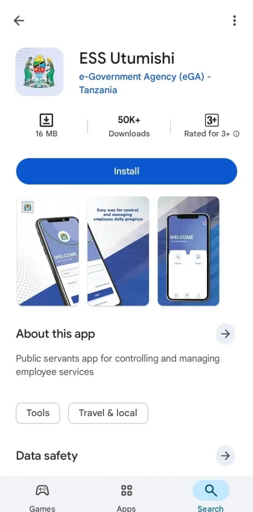 Installing ESS Utumishi app from Google Play Store